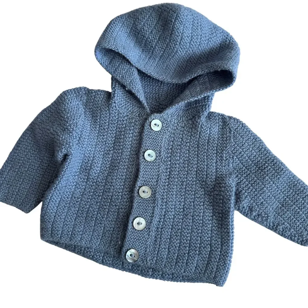 Blue Vintage Knit Button-Front Hooded Sweater